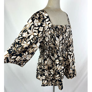 Ava & Viv Floral Square Neck Half 3/4 Sleeve Black & Yellow Blouse 3X